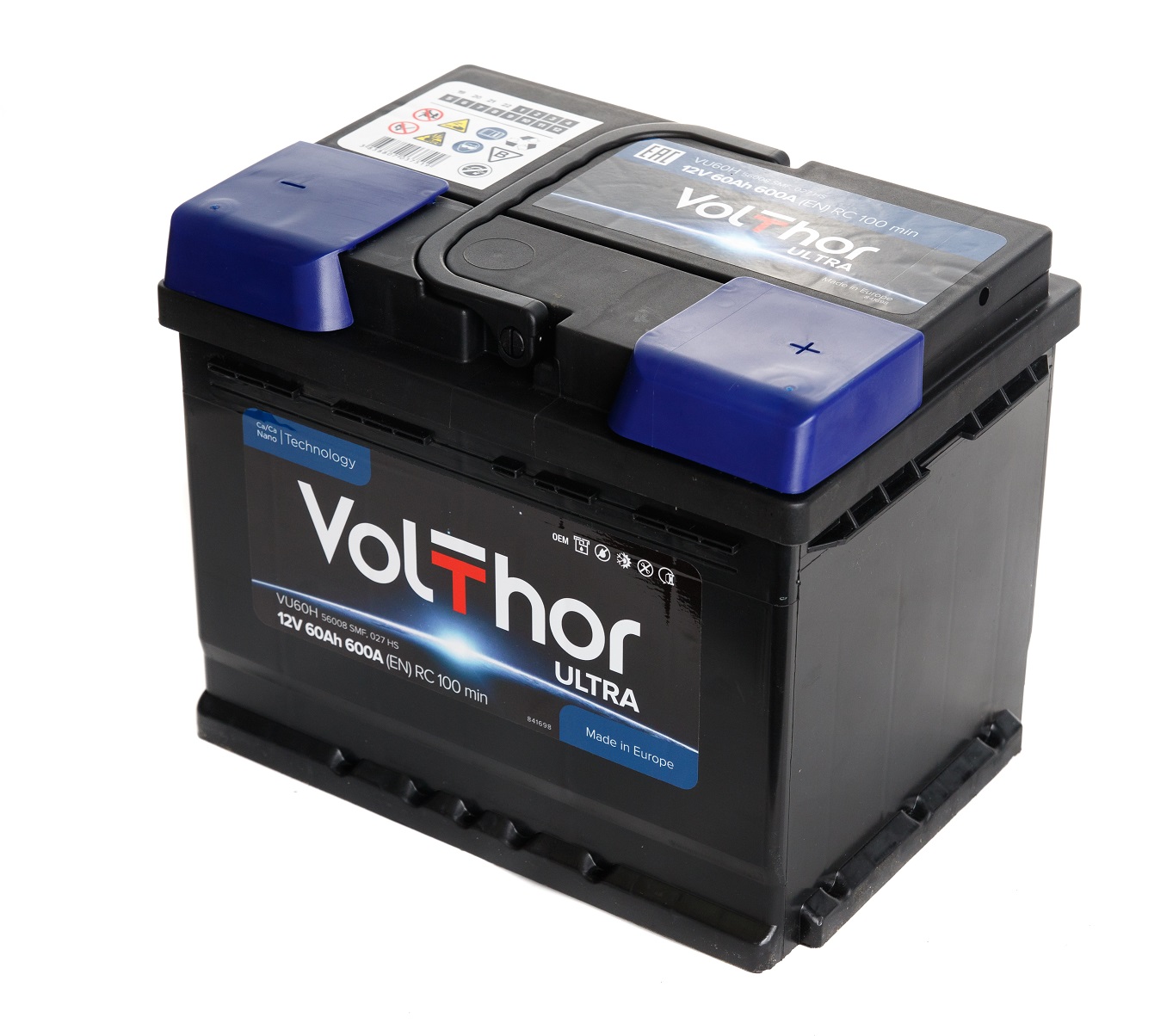 Акумулятор легковий VOLTHOR 6СТ-60(1) ULTRA 12B, 60Ah, 600A, плюс зліва (L+) кальцієвий (Ca/Ca) 242X175X190мм (301760)